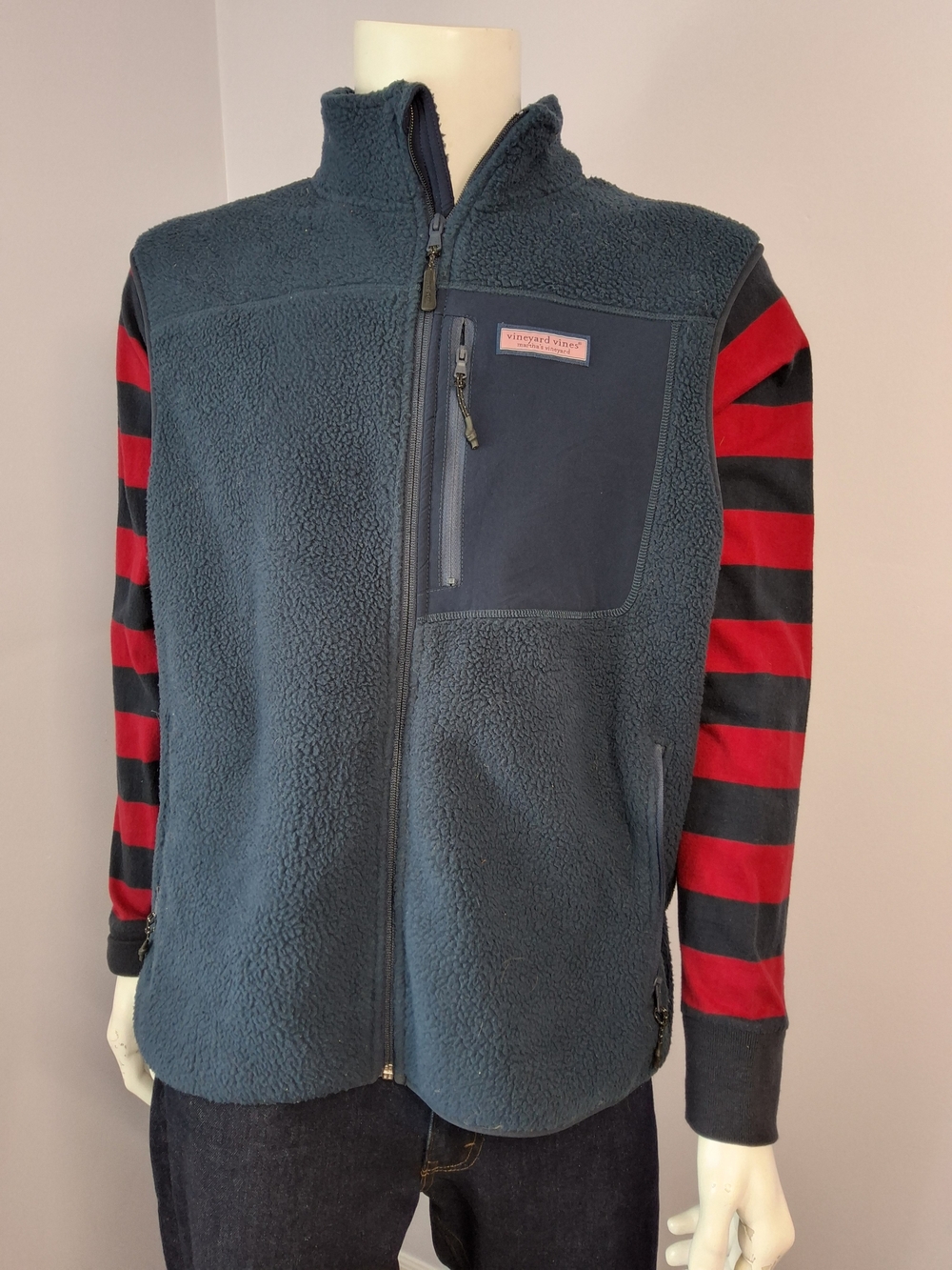 Vineyard Vines Men's Blue Sherpa Full-Zip Fleece Vest Stand-Up Collar XL